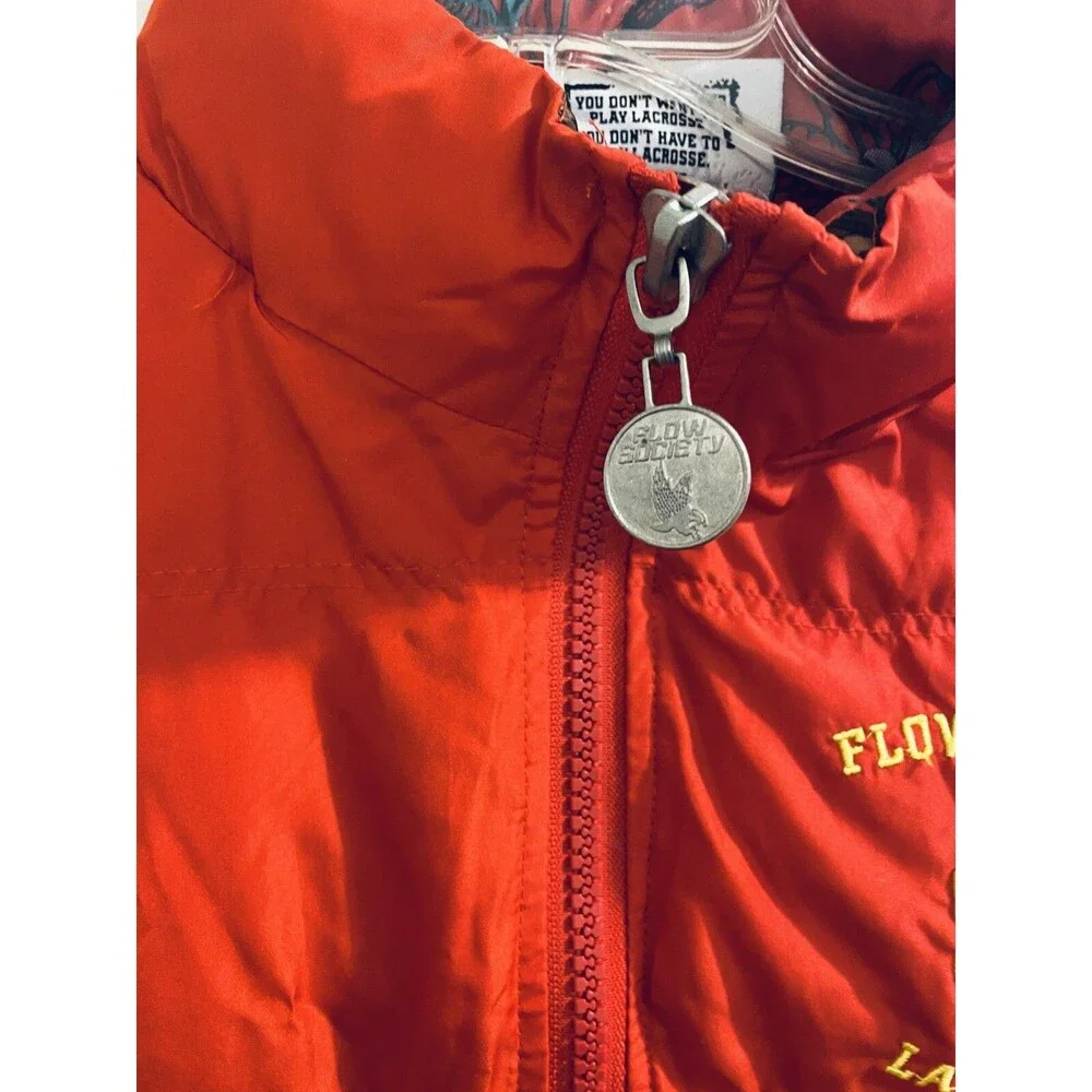 Flow Society Lacrosse Puffer Vest Boys Youth Size L Red Yellow Monkeys Graphics